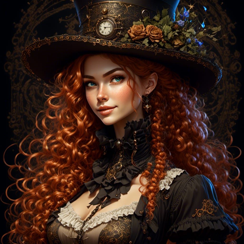 Charming Steampunk Sorceress Portrait with Linework Ornament...