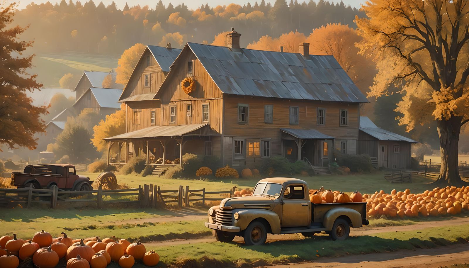 Autumn Farmhouse Scene in Vintage Impressionist Style