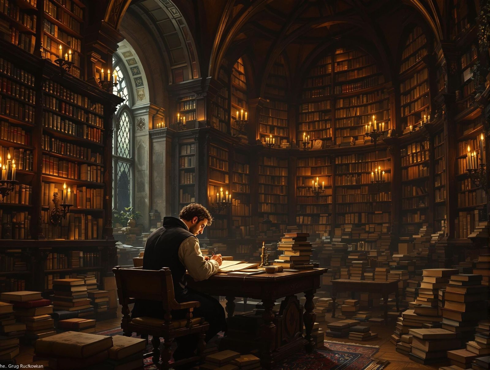 Grand Library Scene Inspired by Rembrandt and Vermeer