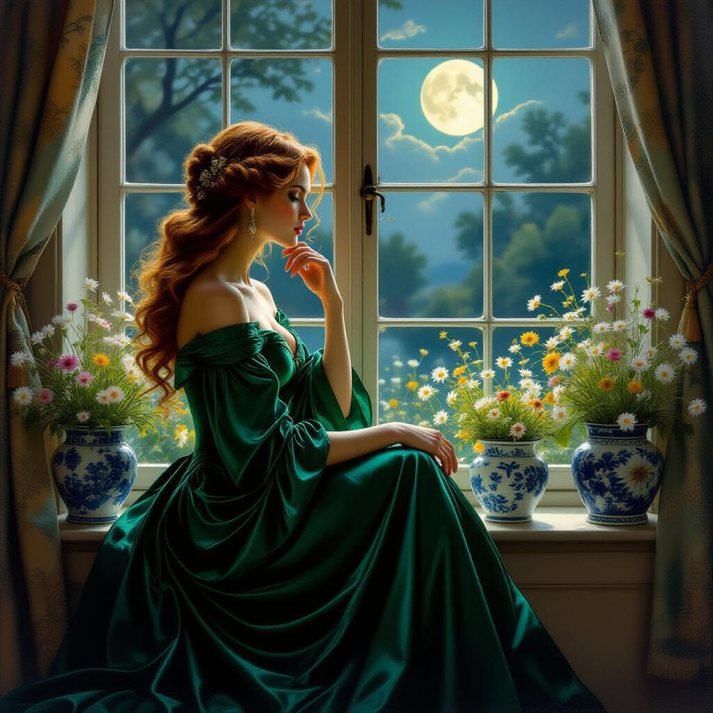 Woman in Emerald Gown by Moonlit Garden Window