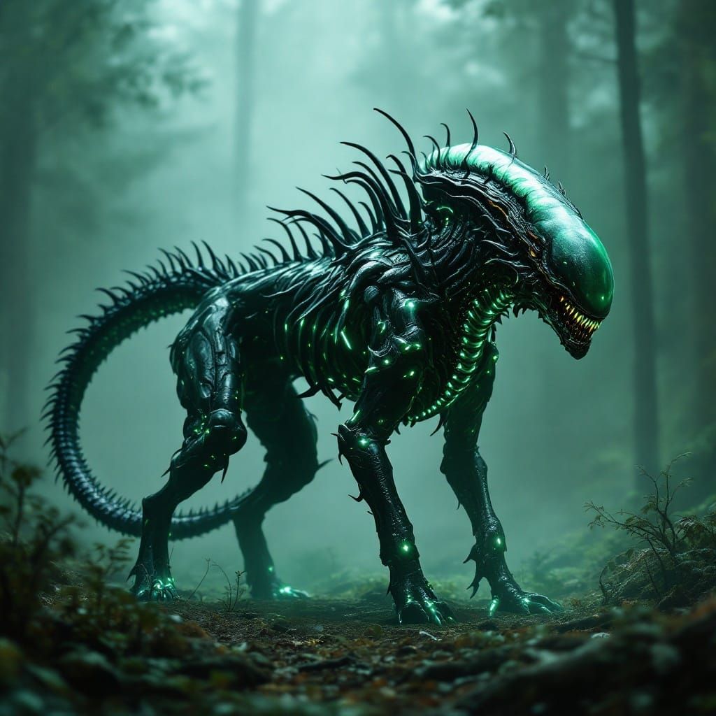 Cyberpunk Xenomorph Emerges from Dark Forest
