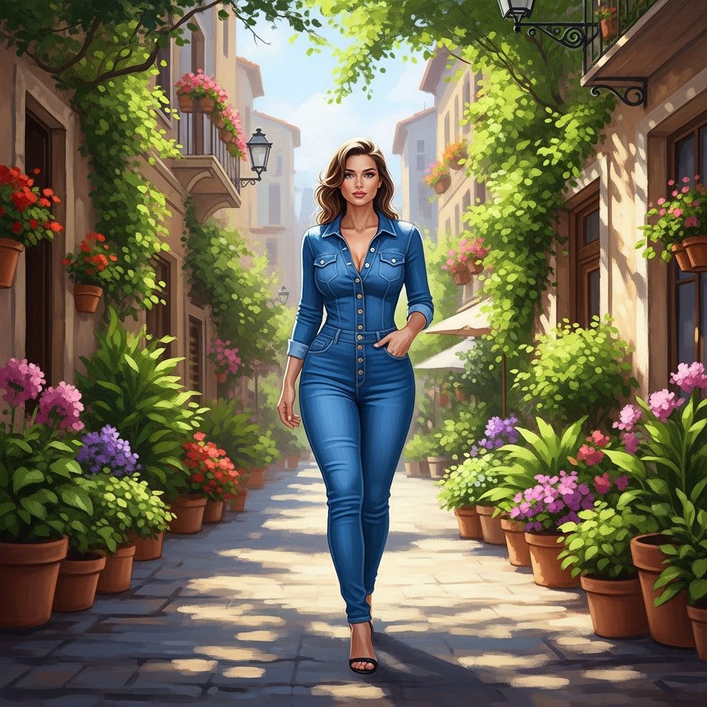 Impressionistic City Scene: Woman in Denim Jumpsuit