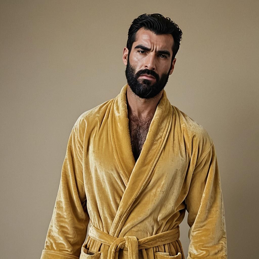 Hirsute Man in Yellow Velvet Bathrobe