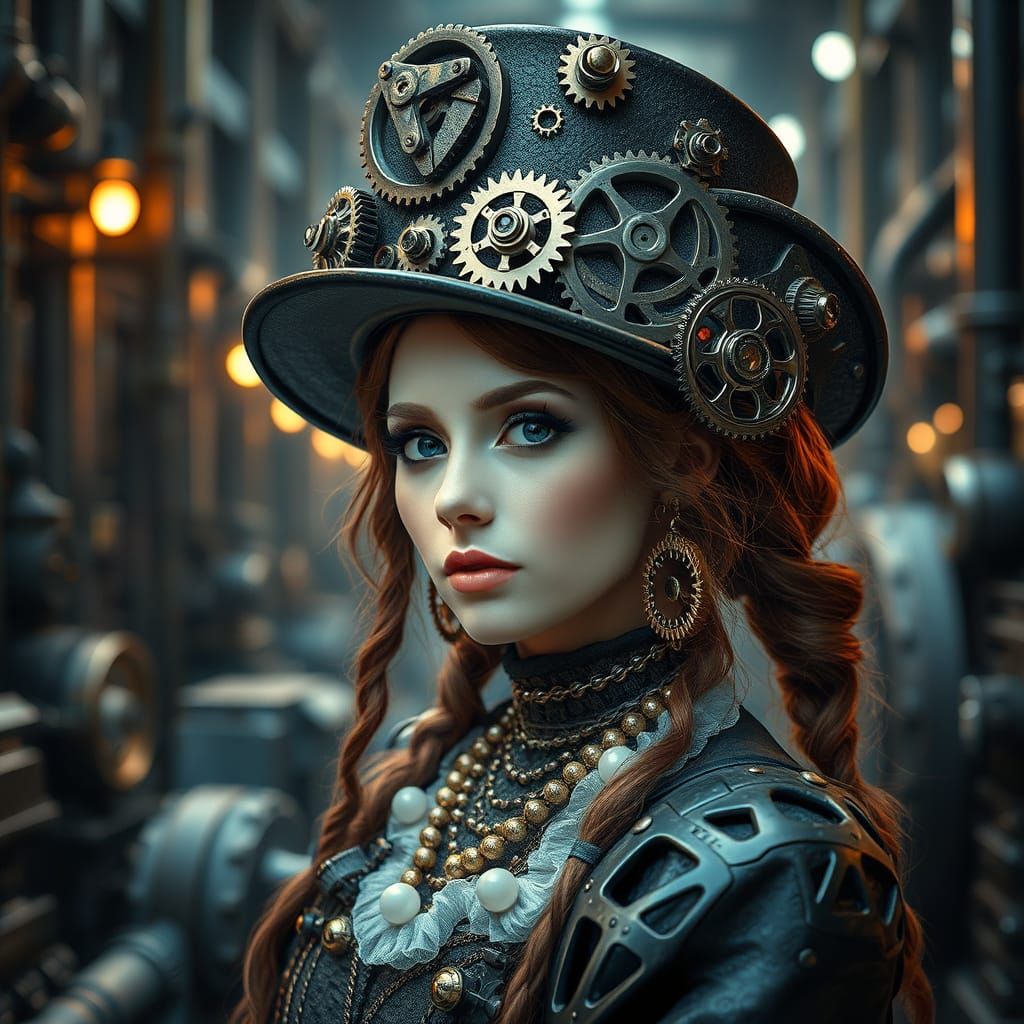 Majestic Steampunk Lady in Factory Setting