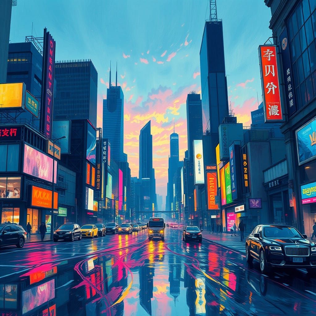Vibrant Cyberpunk Cityscape in Expressive Brushstrokes