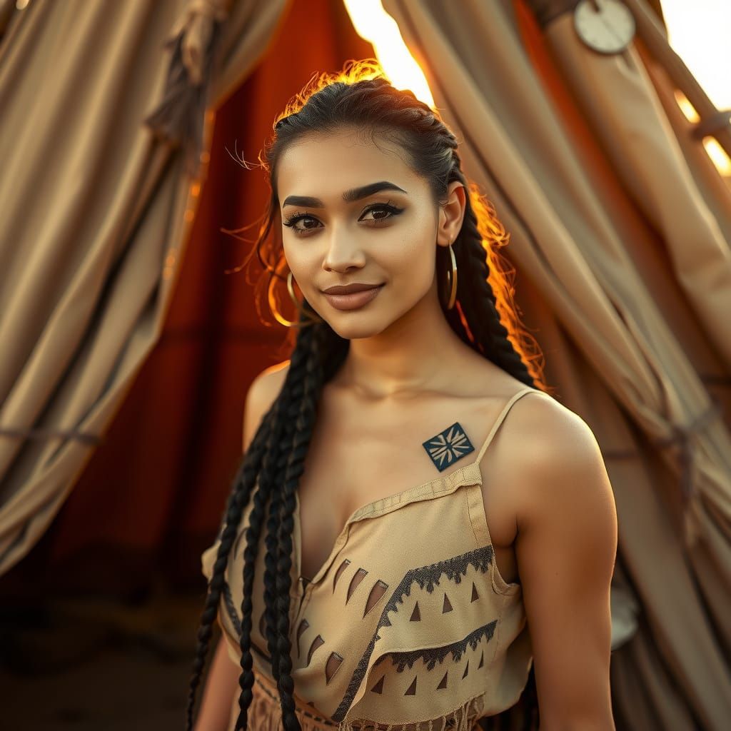 Ethereal Native American Beauty Steps Out of Teepee