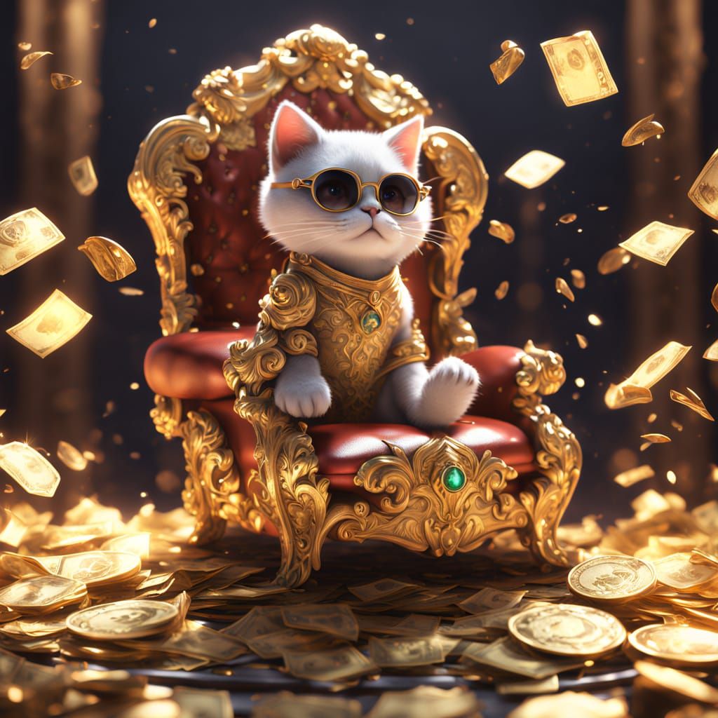 Whimsical Anime Kitten Surrounded by Wealth in a Golden Thro...