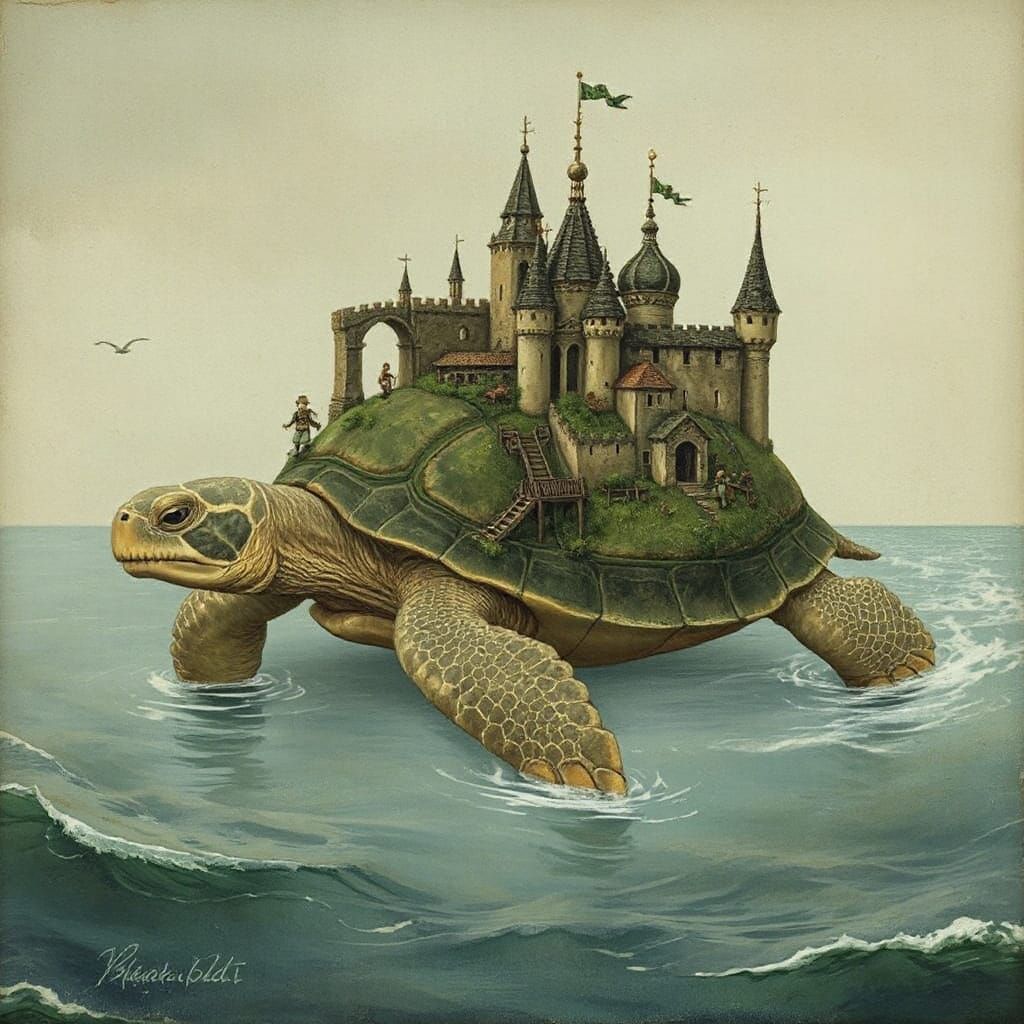 Fantasy City on Turtle's Back, Arthur Rackham Style