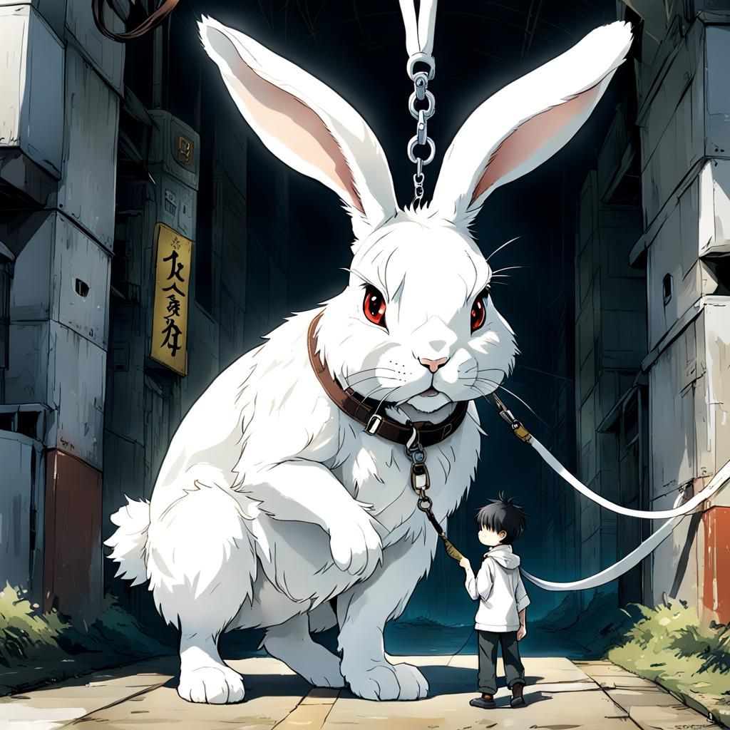 A 50 foot tall white floppy eared rabbit wearing a giant lea...
