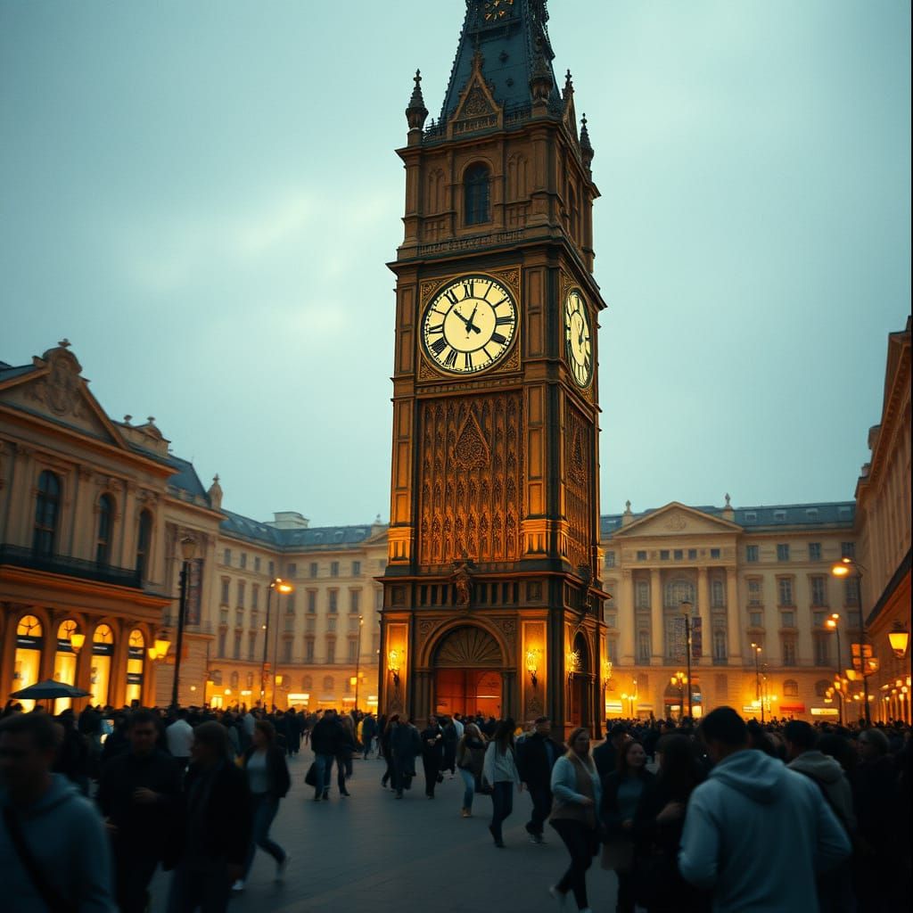 Epic Clock Tower Plaza Scene in Cinematic Style