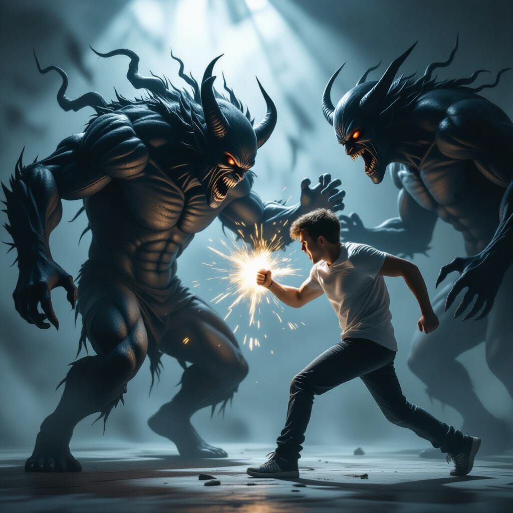 Man's Fight Against Shadow Demons: Hyperrealistic Image