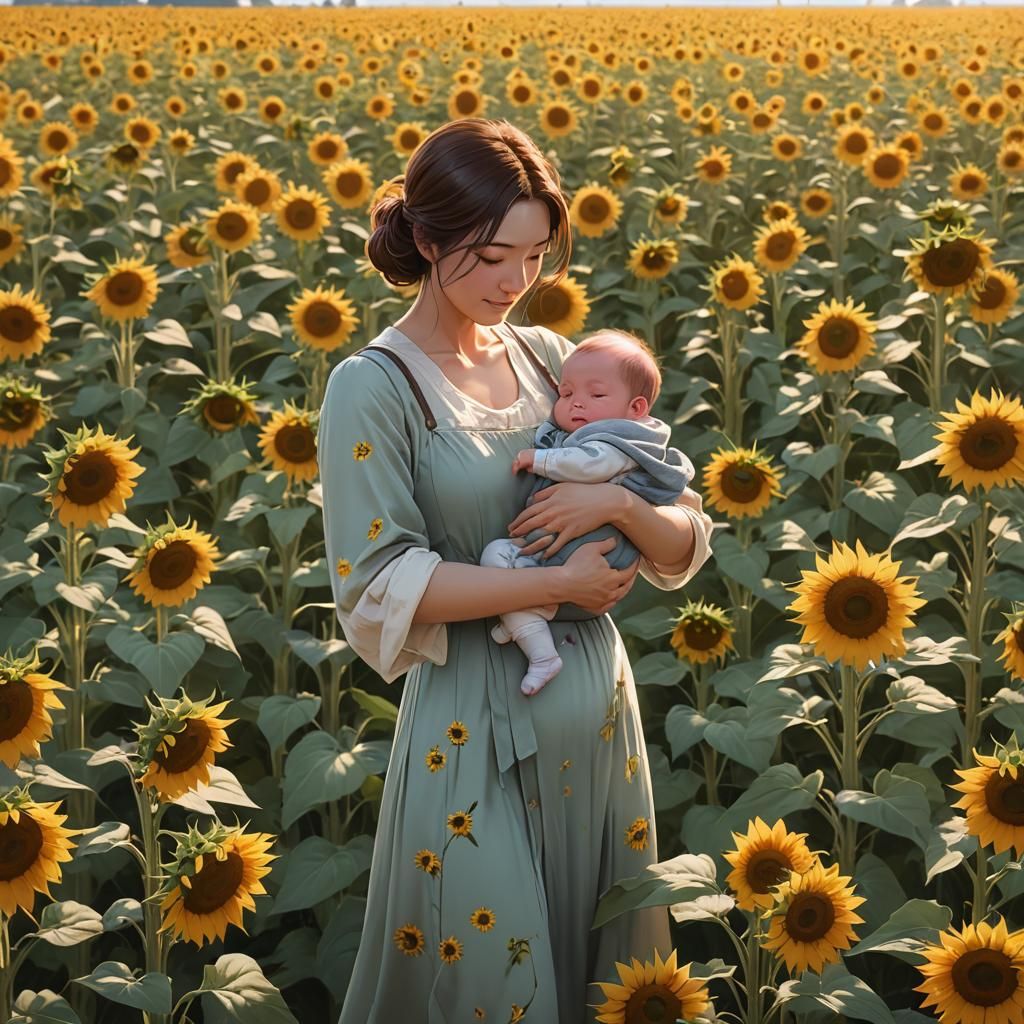 Mother and Child in Sunflower Field: 3D Anime Art