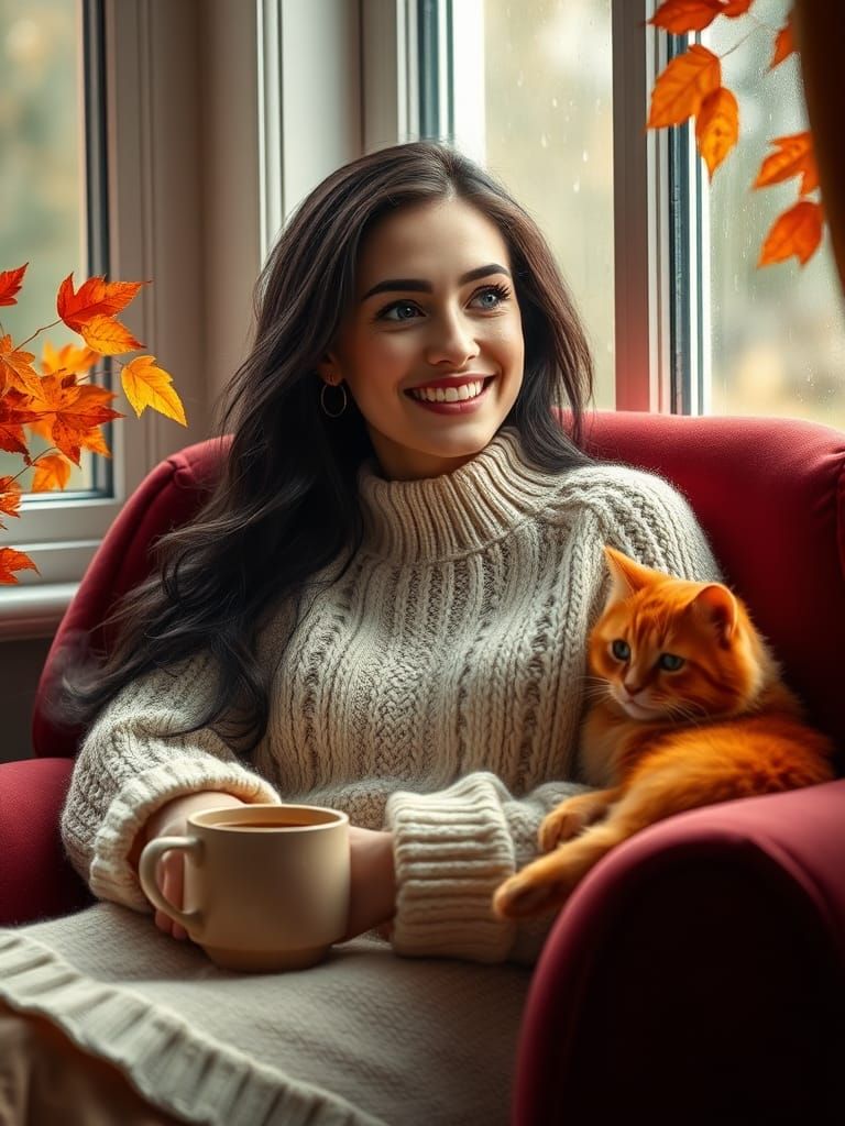 Slavic Woman Smiles at Rain, Hyper-Realistic Detail