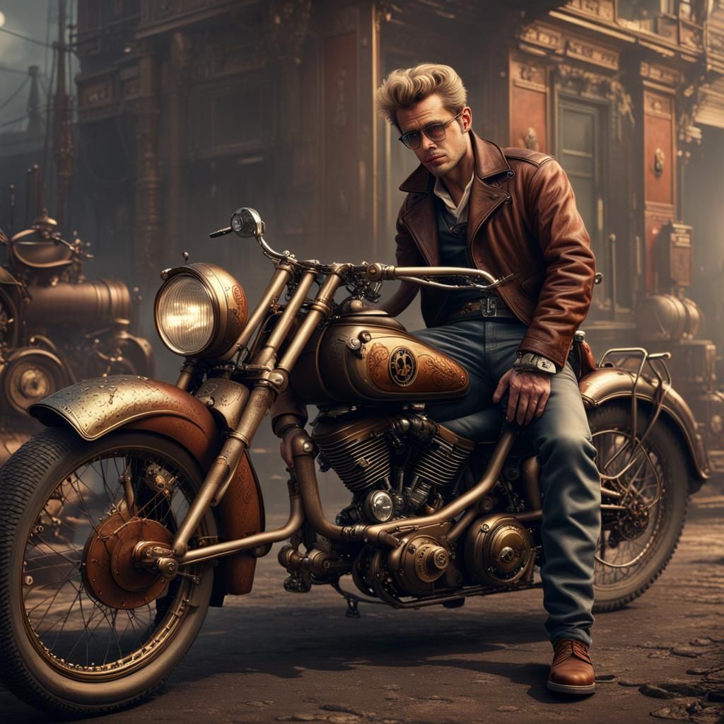 James Dean in Steampunk Style on Motorbike
