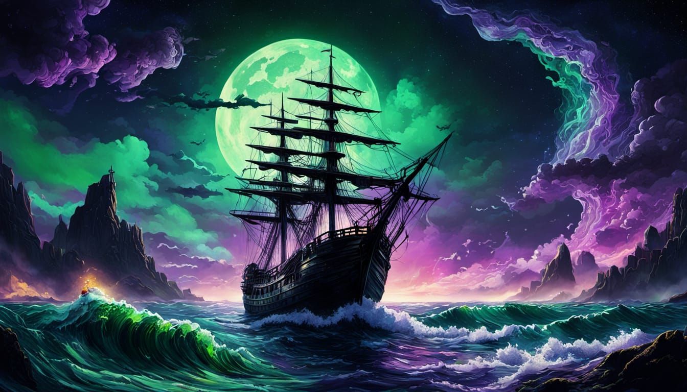 Sailing Ship in Fissure: Dark Fantasy Art