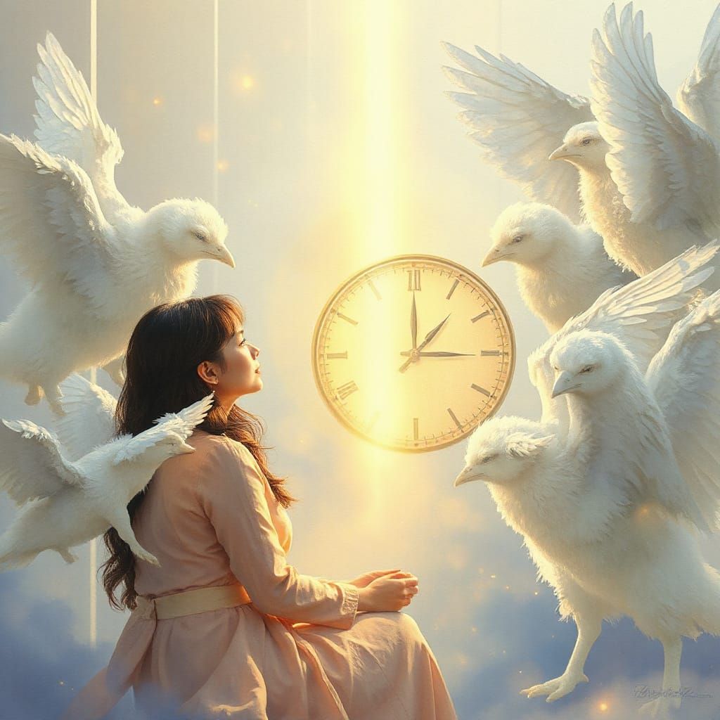 Angelic Woman with Golden Light Clock, Spiritual Art