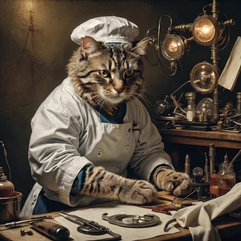 8k resolution, cat as a surgeon performing operation, art by...