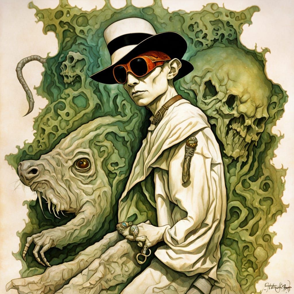 Surreal Fantasy Digital Painting of Skeletal Sphinx and Pipp...