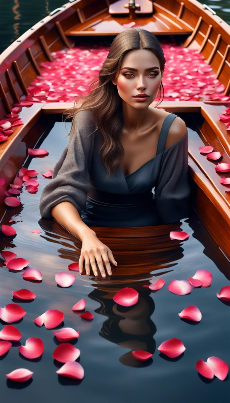 Charming Girl in Boat with Rose Petals: 8K Realism