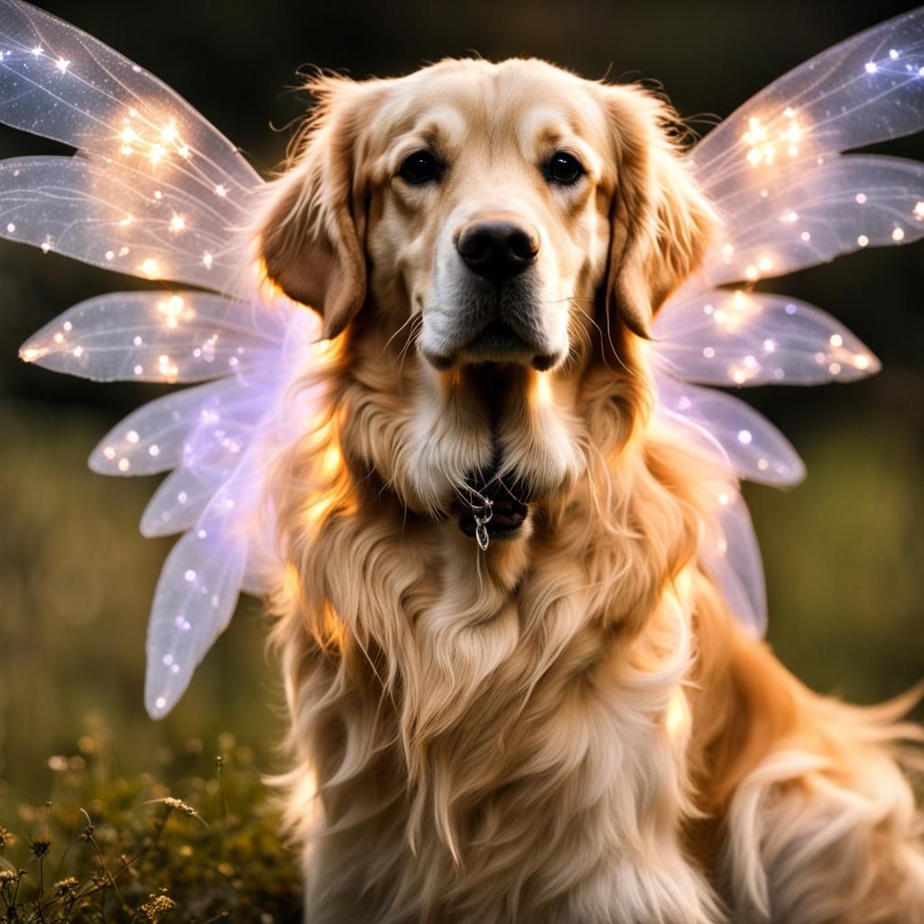 Golden Retriever with Illuminated Faerie Wings