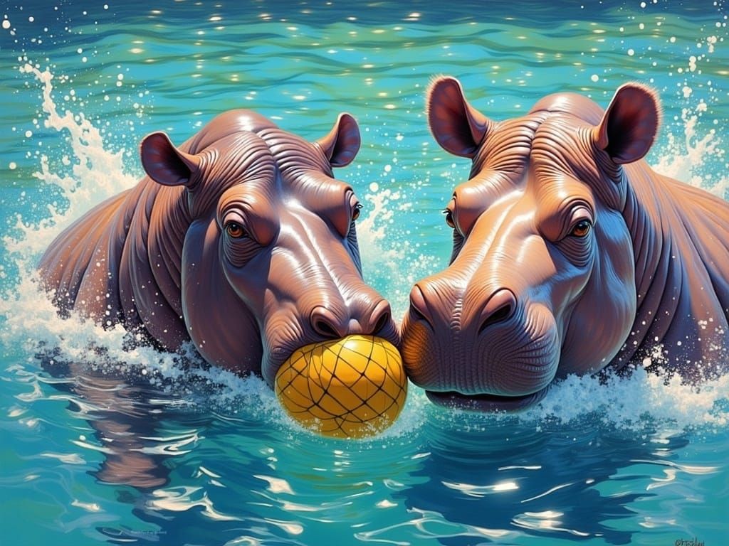 Vibrant Hippopotamus and Rhinoceros Play Water Polo in a Sun...