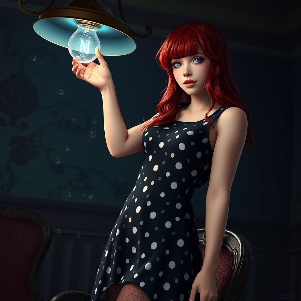 Young Woman Changing a Lightbulb as Digital Art