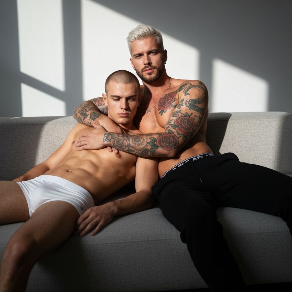 Intimate Portrait of Two Men on Sofa with Dramatic Lighting