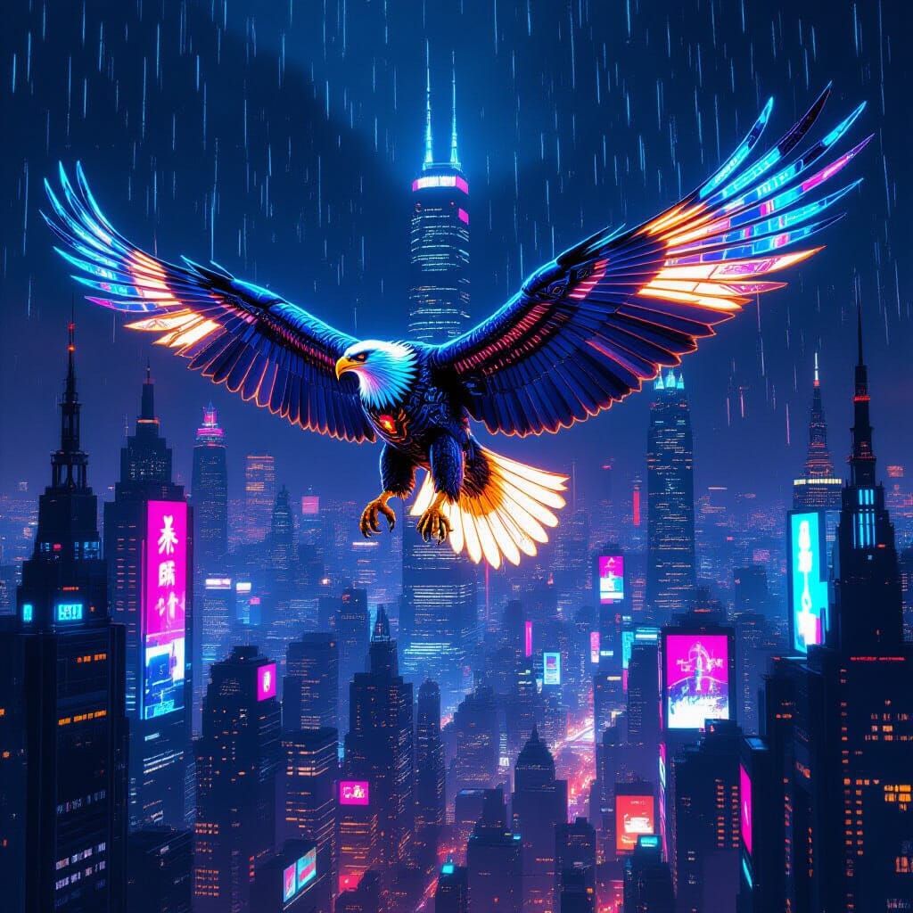 Cybernetic Eagle Soars Over Neon Futuristic City
