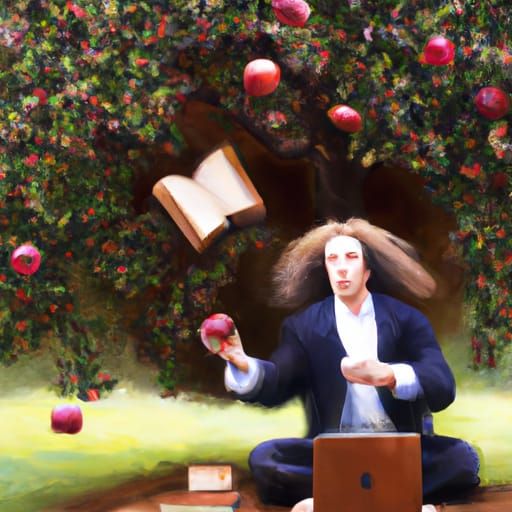 Newton, Apple, and Macbook: Oil Painting