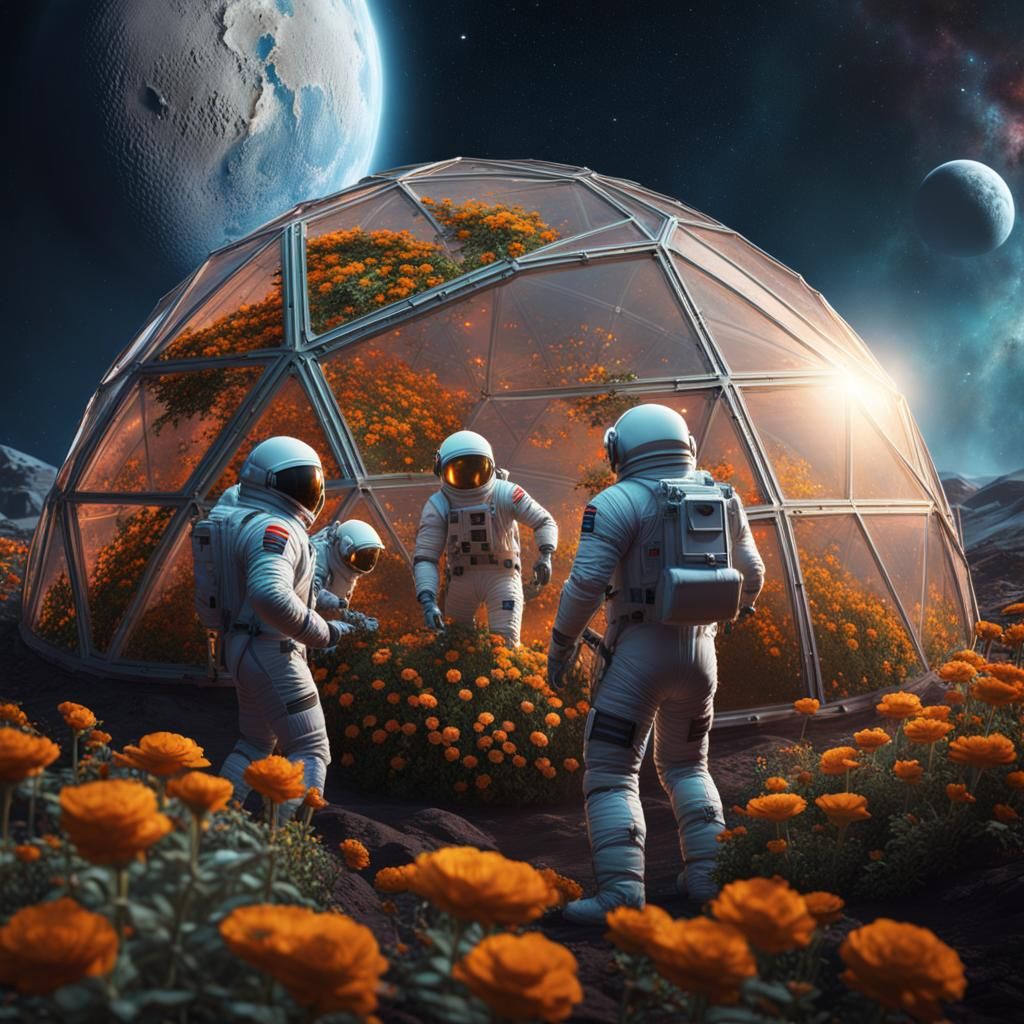 Three men in spacesuits tending to the flowers in a geodesic dome of atmosphere on the moon.