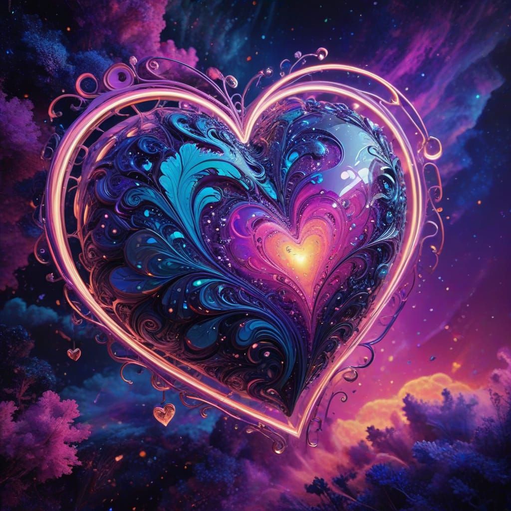 Whimsical Heart-Shaped Card in Vibrant Cosmic Style