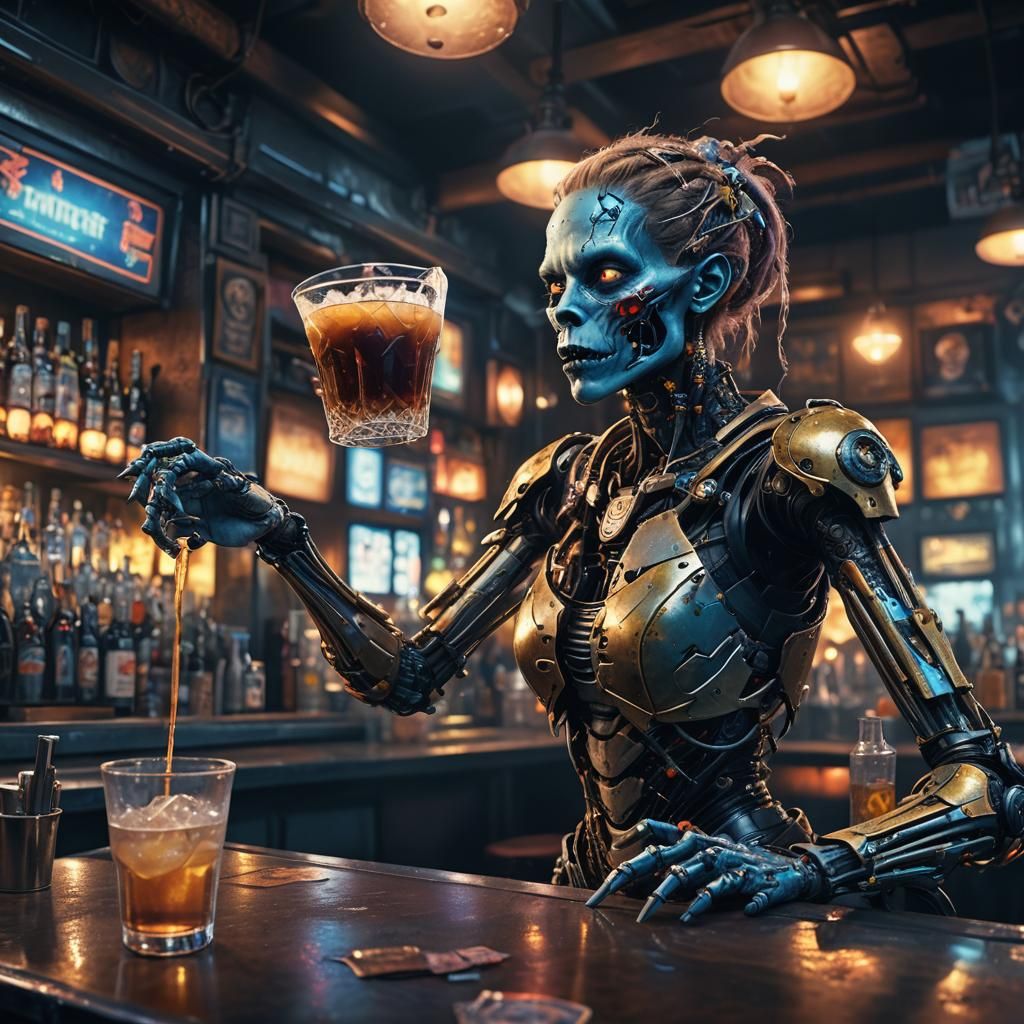Cyborg Zombie in Dimly Lit Bar: Digital Matte Painting