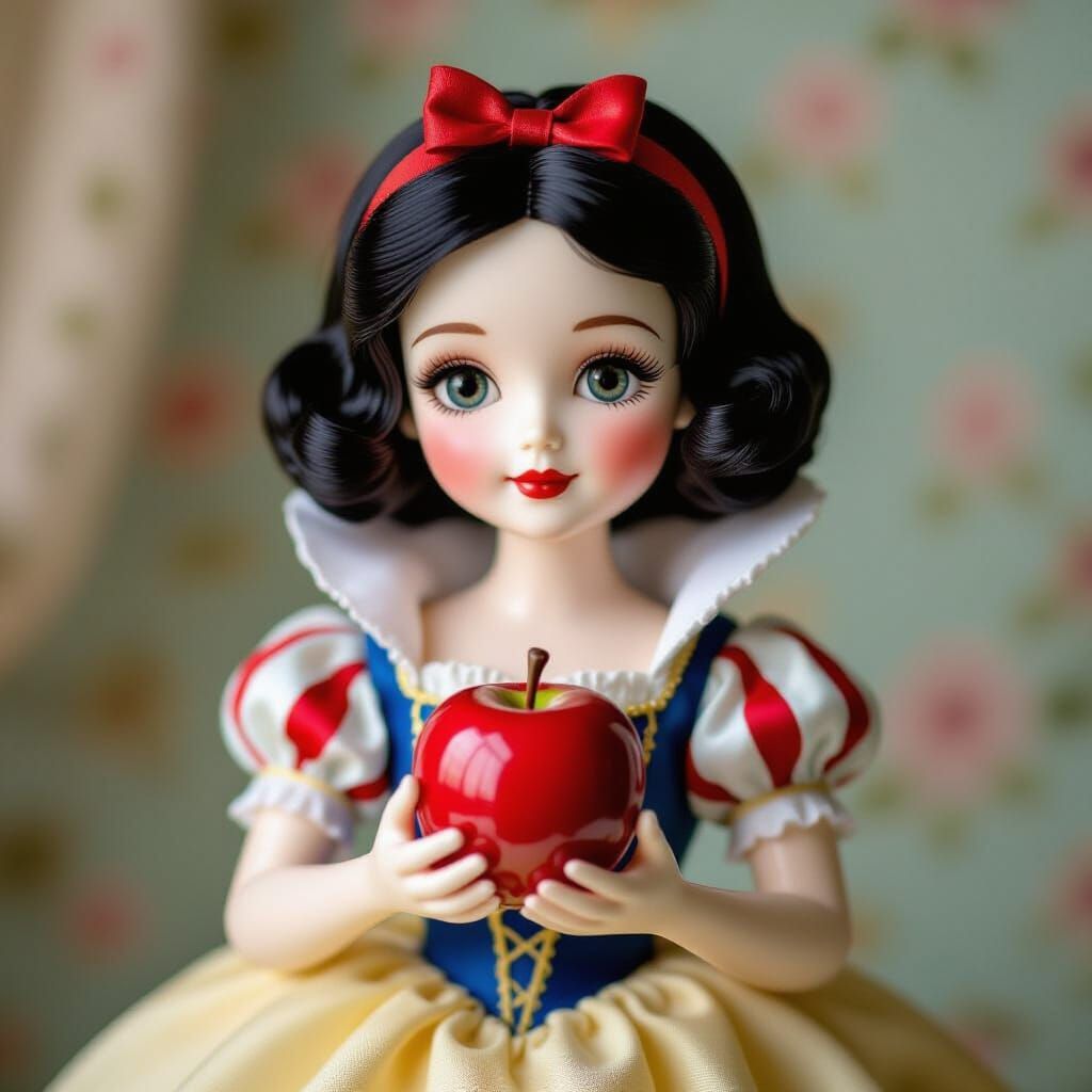 Porcelain Snow White Doll Holds Red Apple