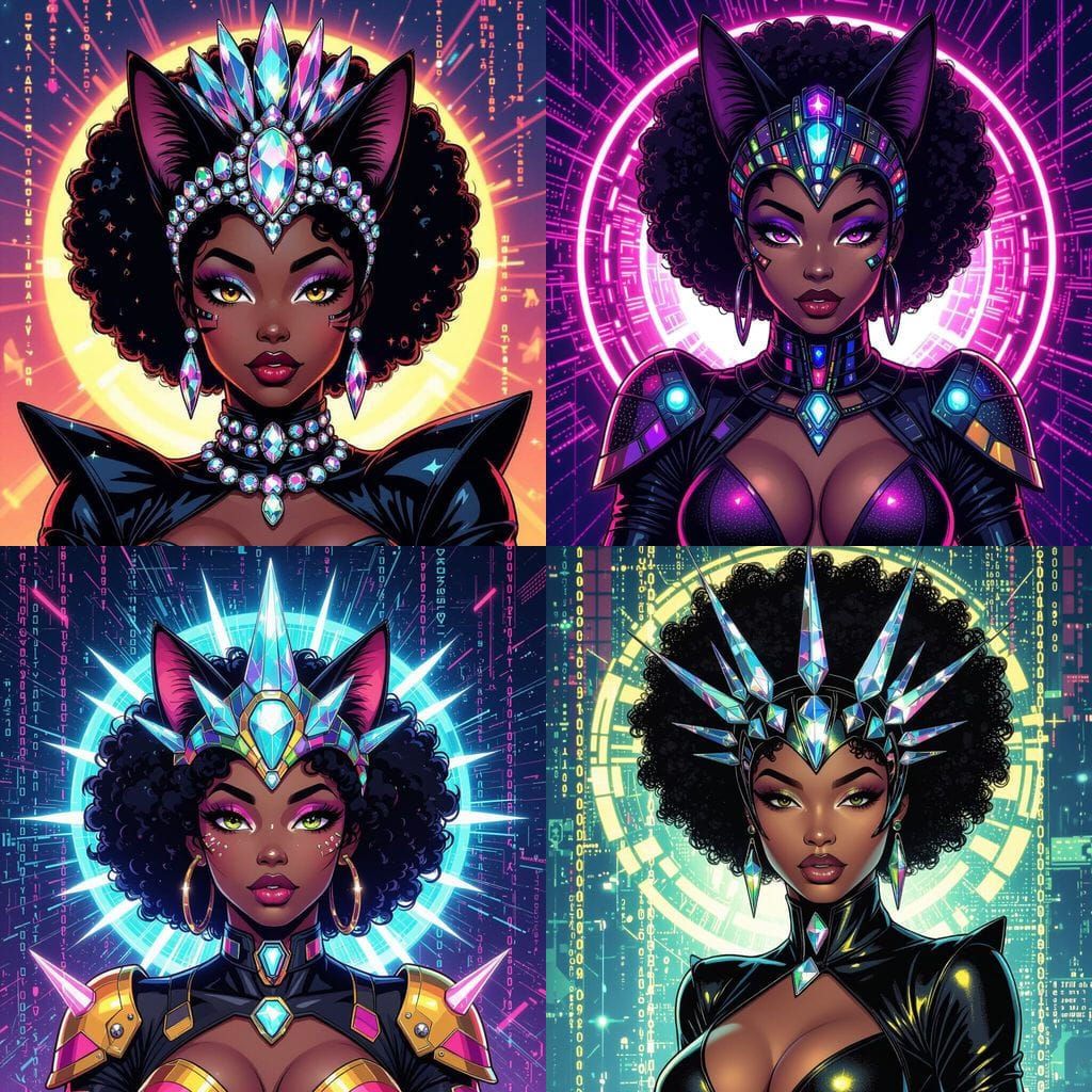 Afrofuturistic Cat Woman Cosplay in Vibrant Comic Style