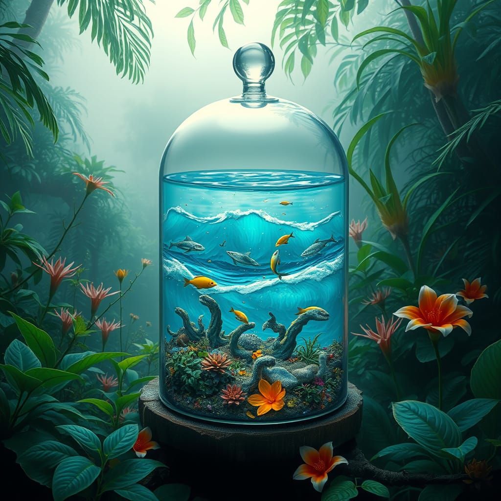 Serene Sea Life Encased in Glass in Lush Rainforest