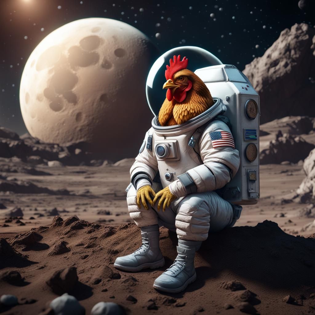 Chicken Astronaut on the Moon: Detailed Matte Painting