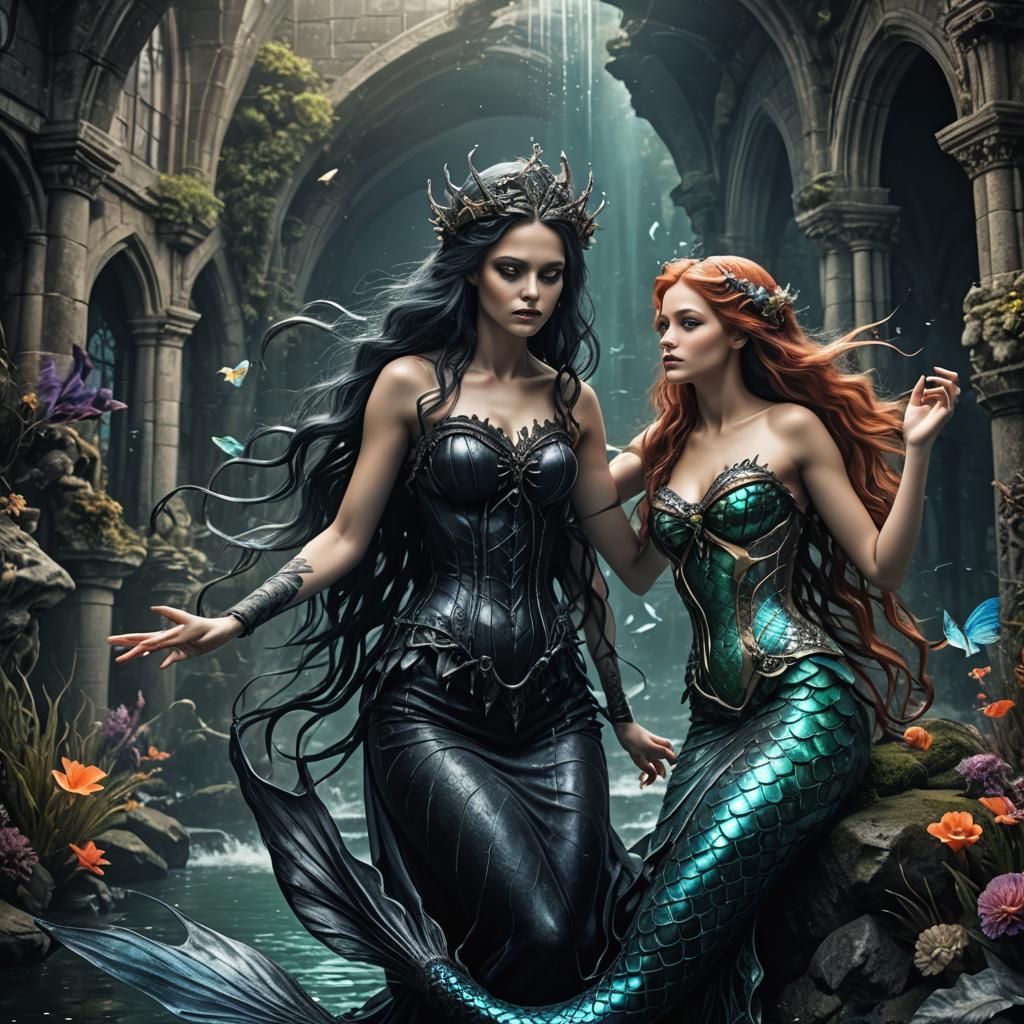 Gothic Fairy Woman in Love with Mermaid
