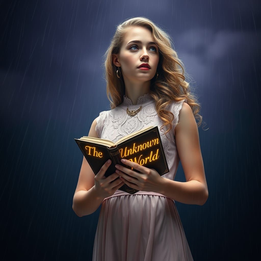 Young Woman Stands Resolute in the Rain, Diary in Hand