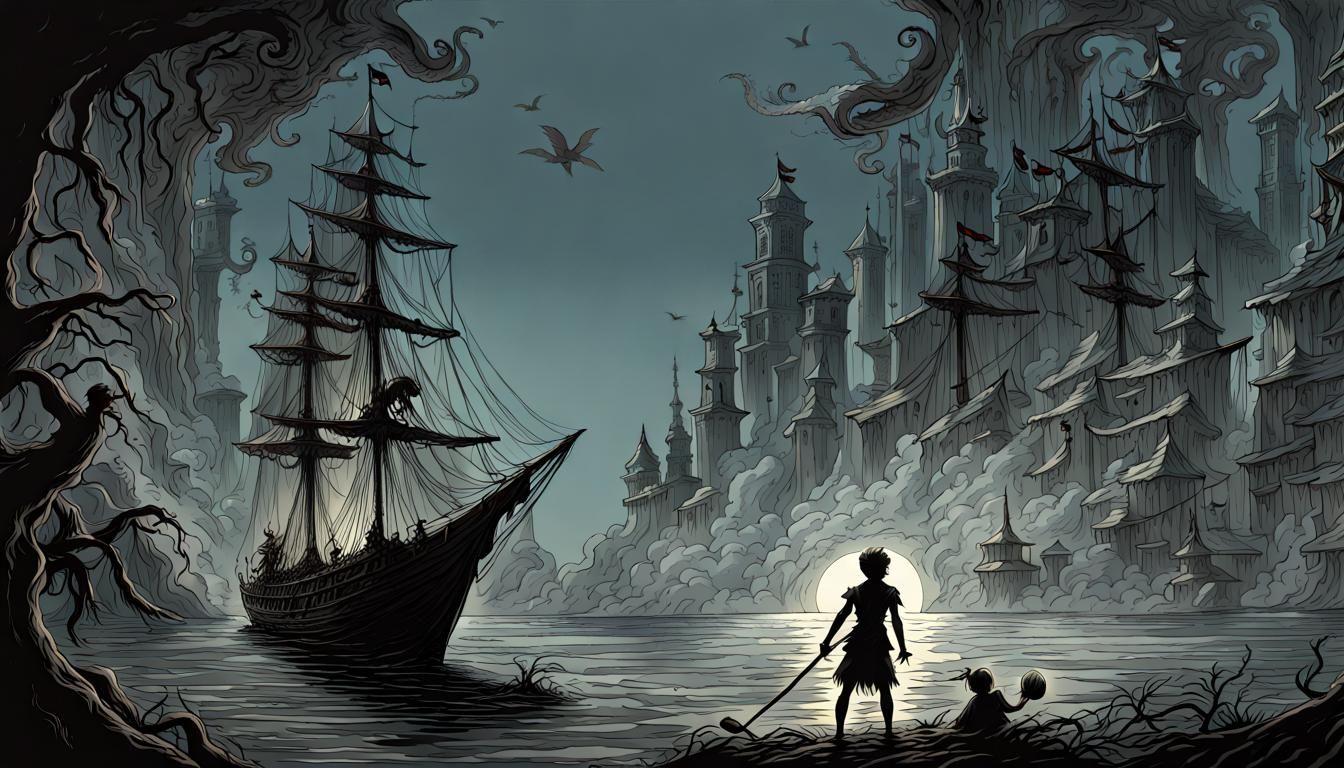 Dark Peter Pan Illustration in Detailed Horror Style