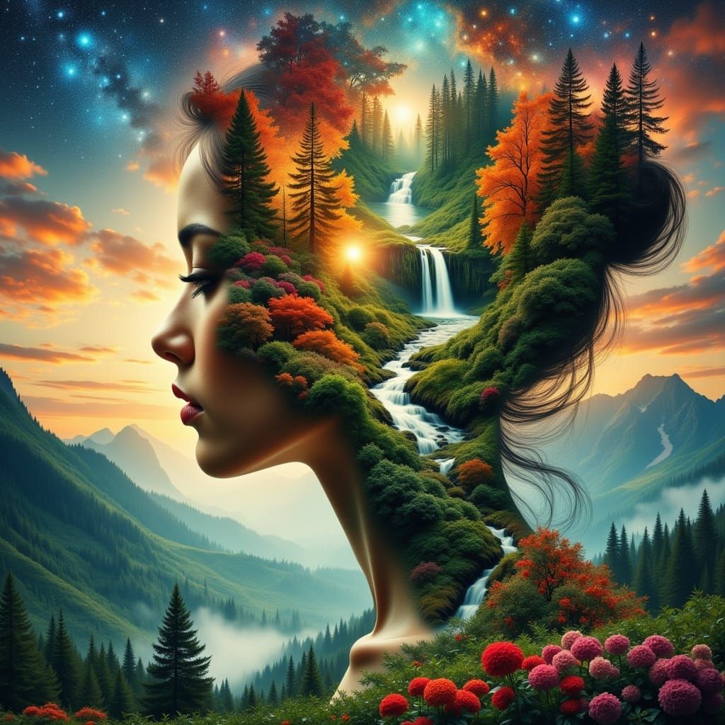 Woman Merging With Nature as Dreamlike Landscape