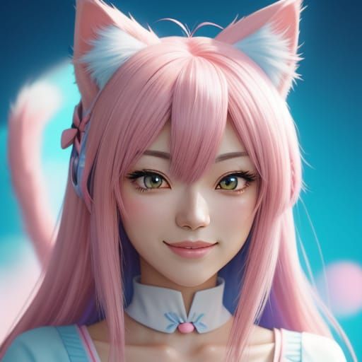 Adorable Anime Neko Girl Portrait in Vibrant Pastel Colors