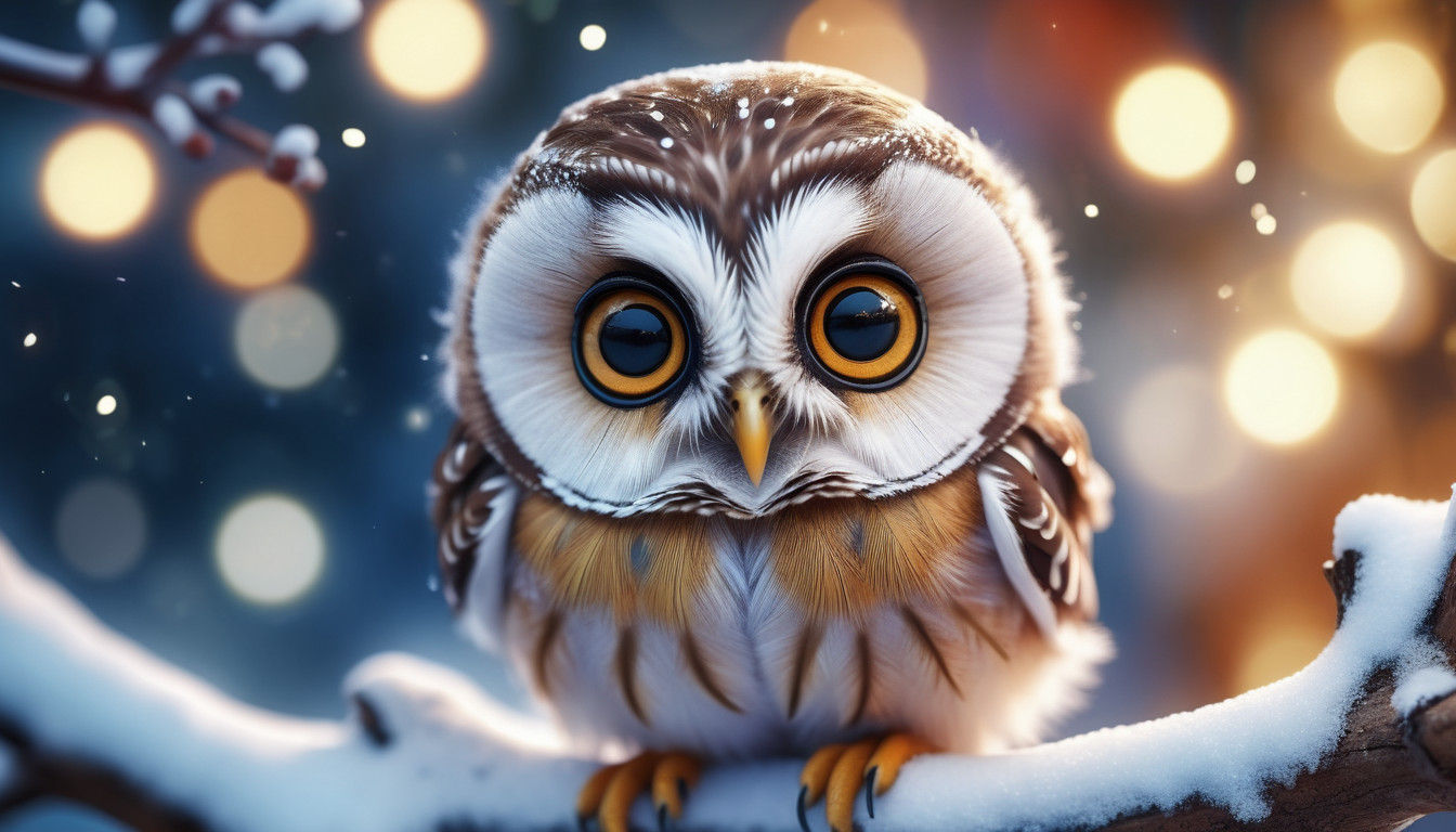 Vibrant Winter Wonderland Saw-whet Owl Chick