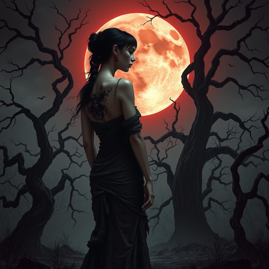 Eerie Red Moon Over Dark Mystical Landscape