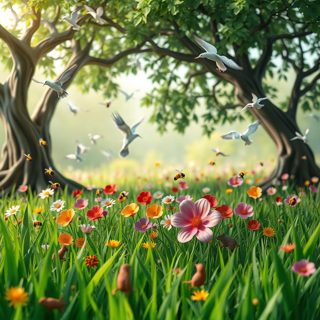 Lush Green Landscape with Papercraft Details