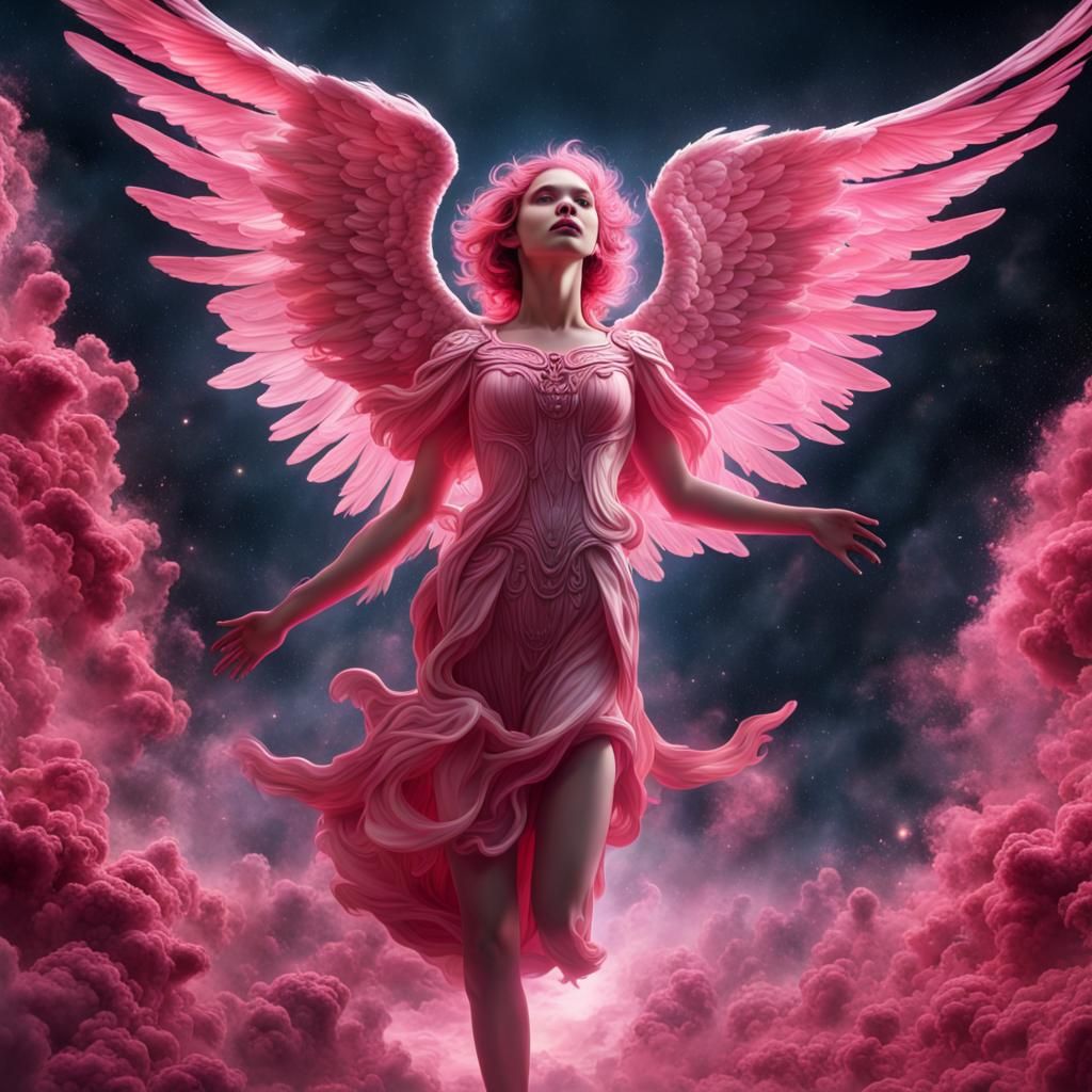 Pink Angel Flying in Space: Detailed Matte Painting