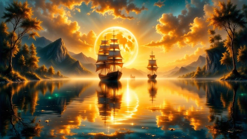 Pirate Ship with Amber Sails at Sunset