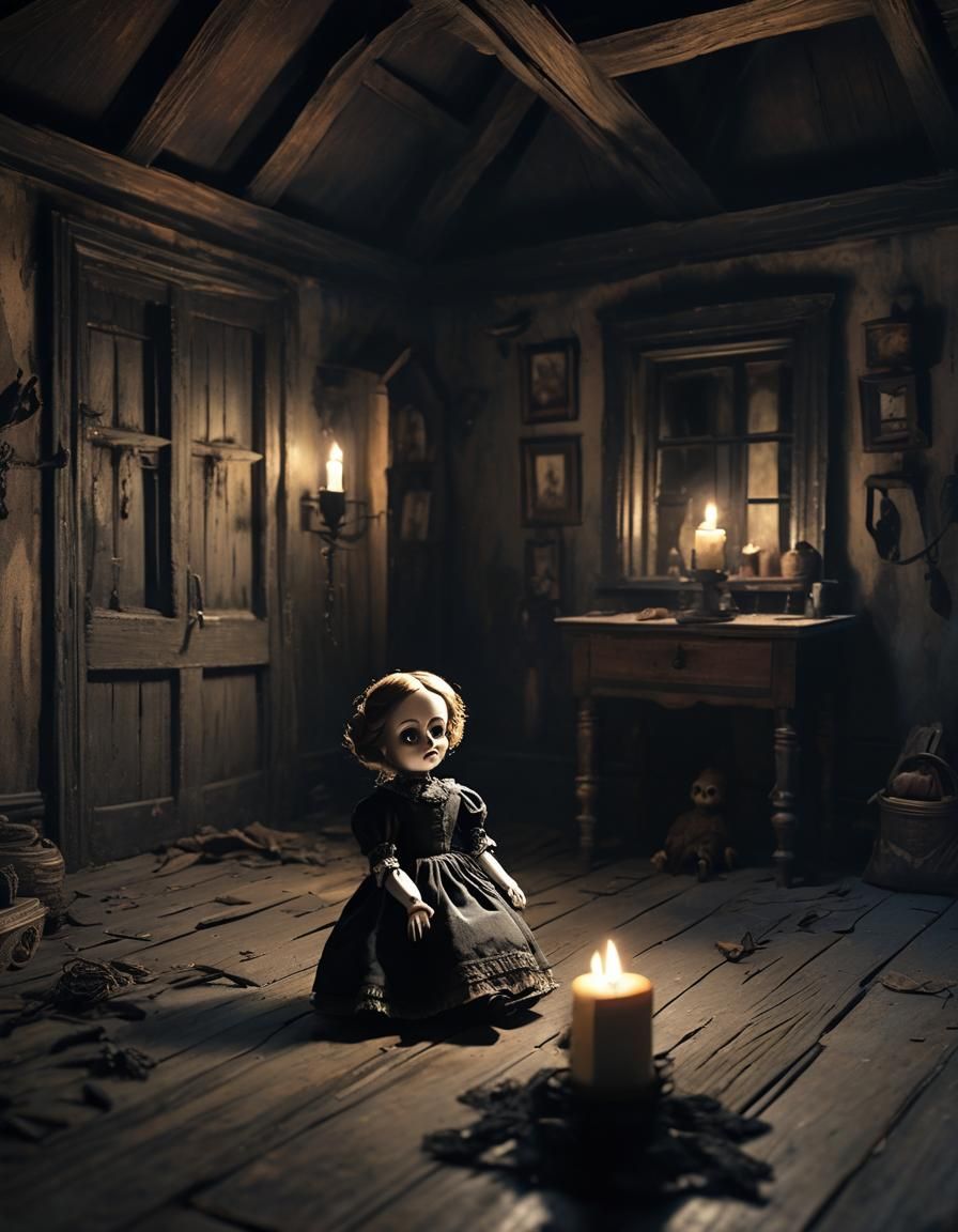 Haunted Doll in Gothic Victorian Attic Scene