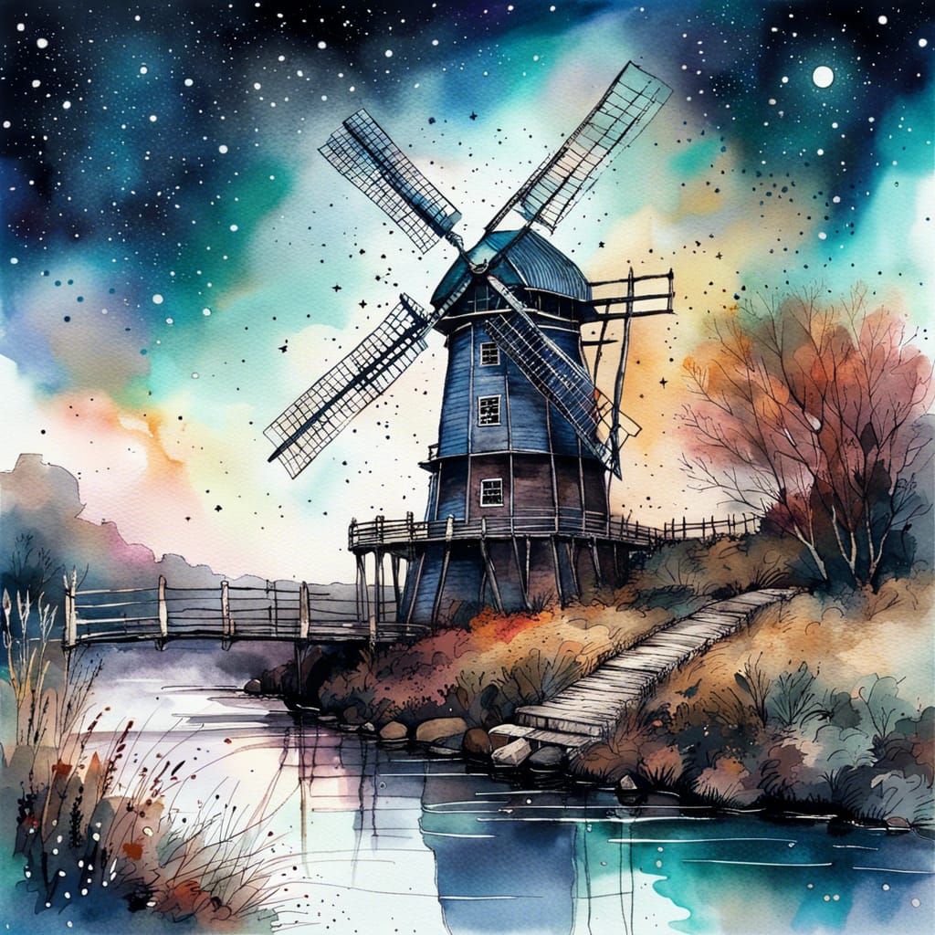 Mystical Windmill Under Starry Sky, Watercolor Art