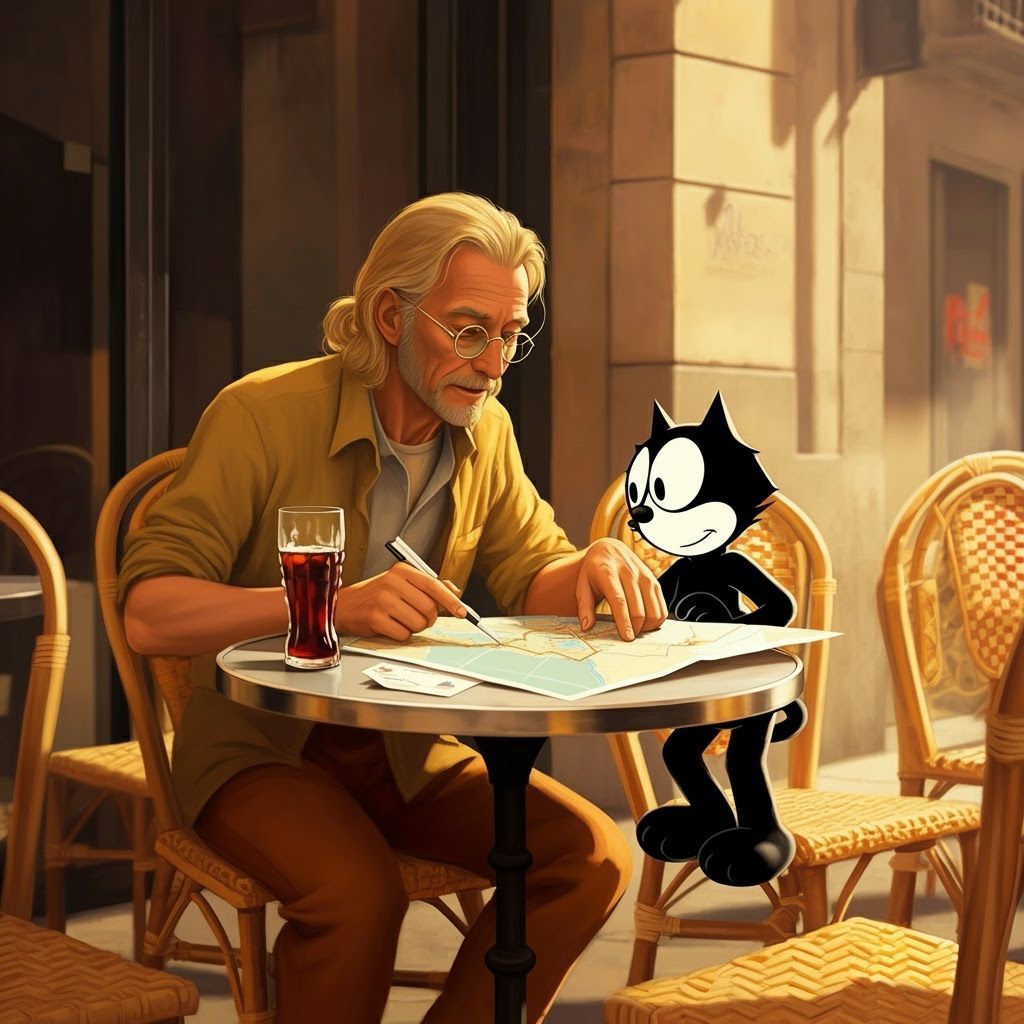 Barcelona Cafe Scene with Felix the Cat, Vintage Poster Styl...