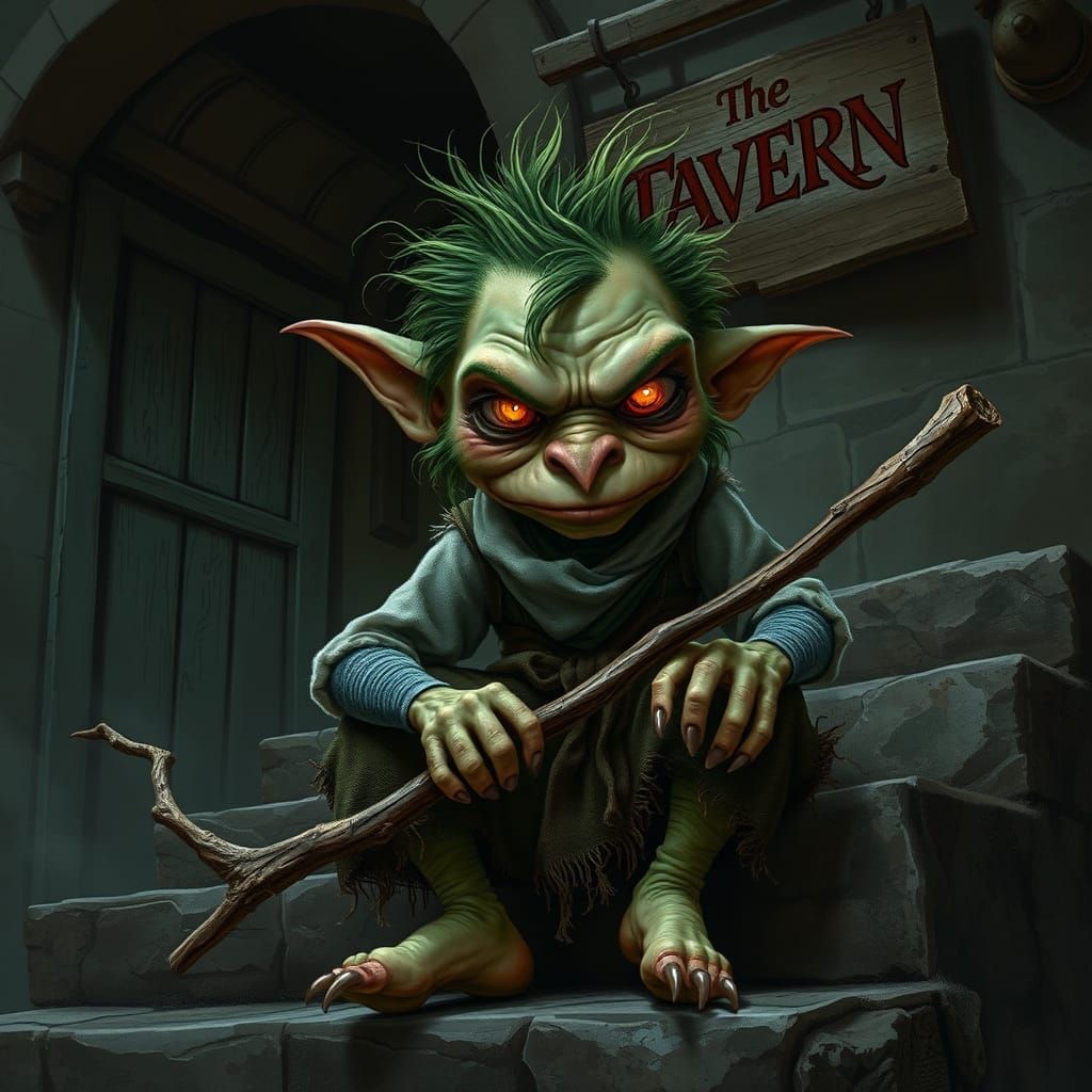 Grouchy Goblin on Worn Tavern Steps